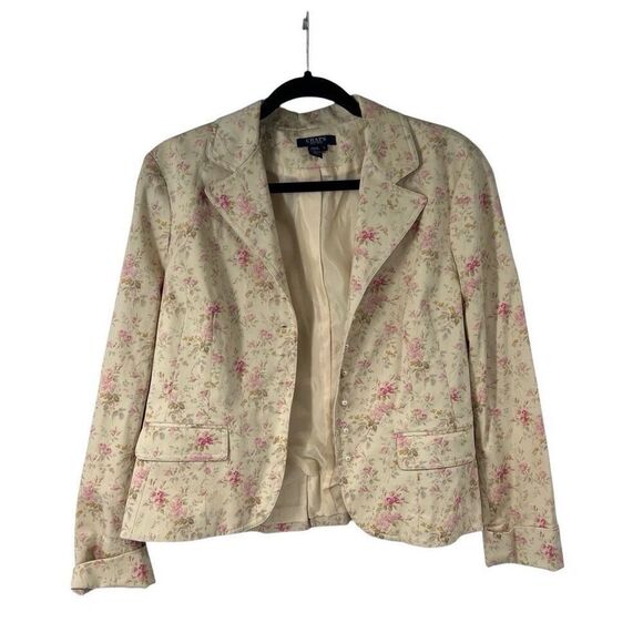 Chaps Cream Floral Delicate Pearl Buttons Cottagecore Prairie Blazer Jacket L - Picture 1 of 9